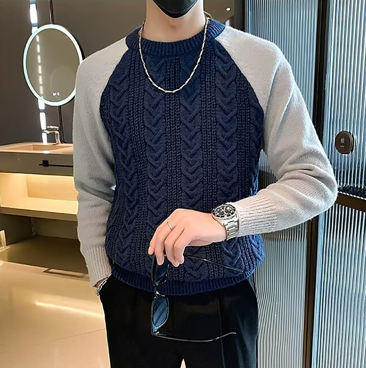 Men Cable Knit Round Neck Pullover Ribbed Sweater