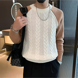 Men Cable Knit Round Neck Pullover Ribbed Sweater