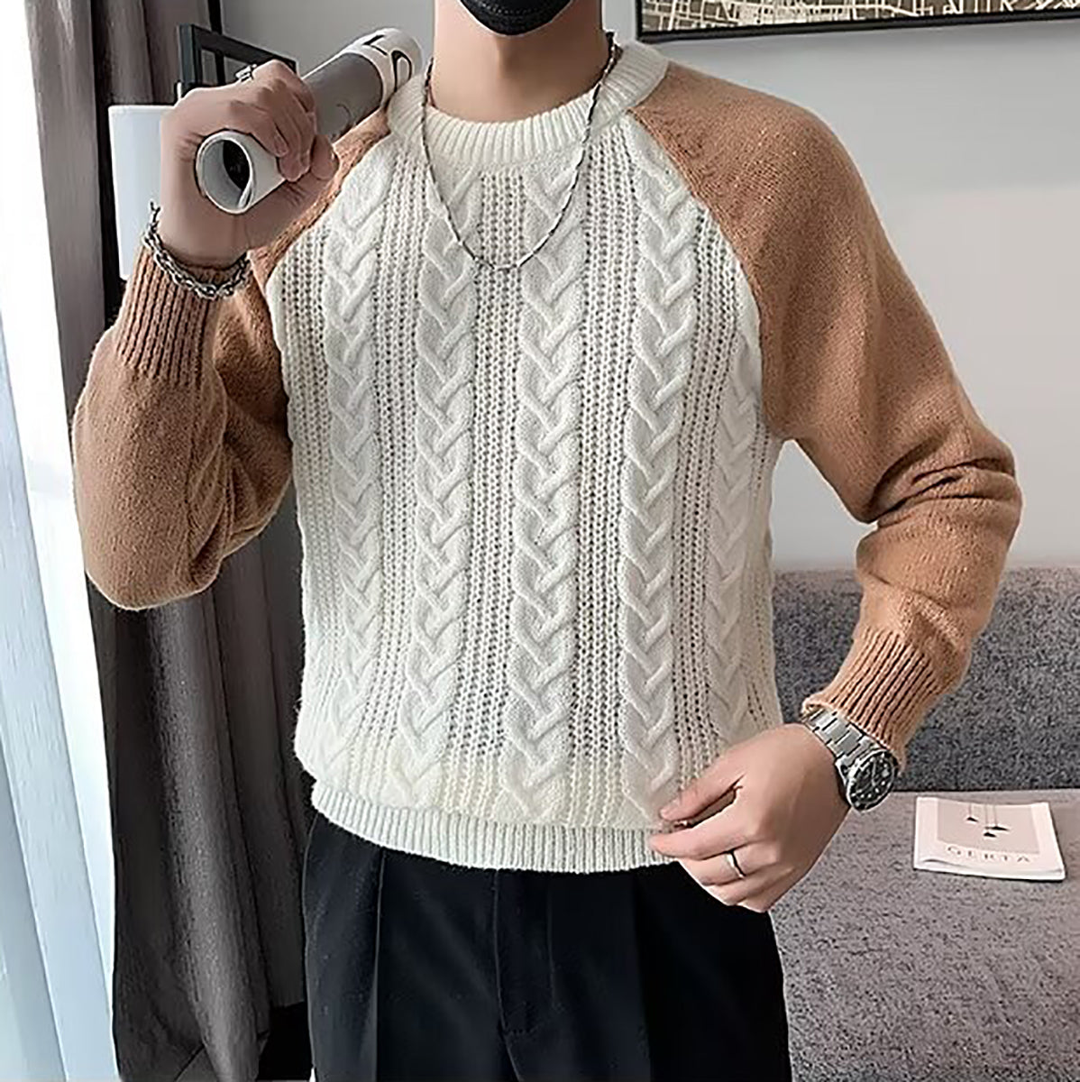 Men Cable Knit Round Neck Pullover Ribbed Sweater