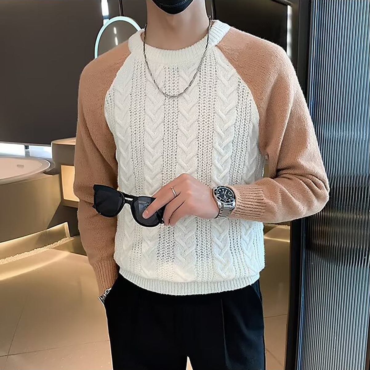 Men Cable Knit Round Neck Pullover Ribbed Sweater