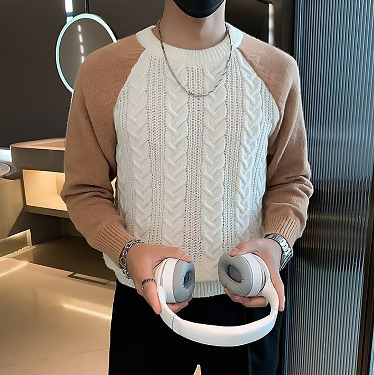 Men Cable Knit Round Neck Pullover Ribbed Sweater