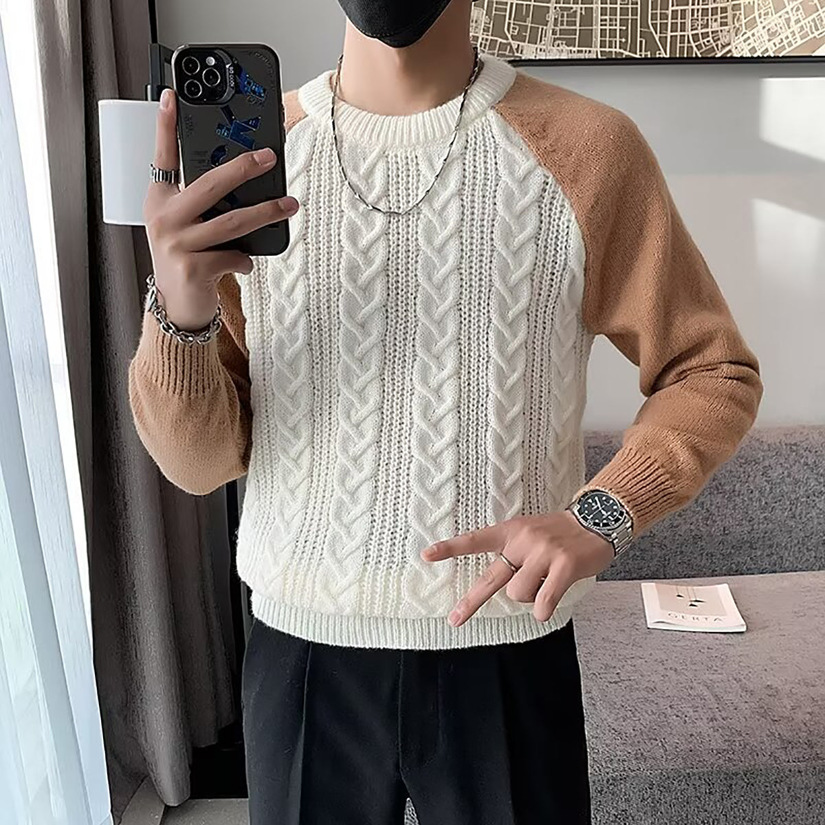Men Cable Knit Round Neck Pullover Ribbed Sweater