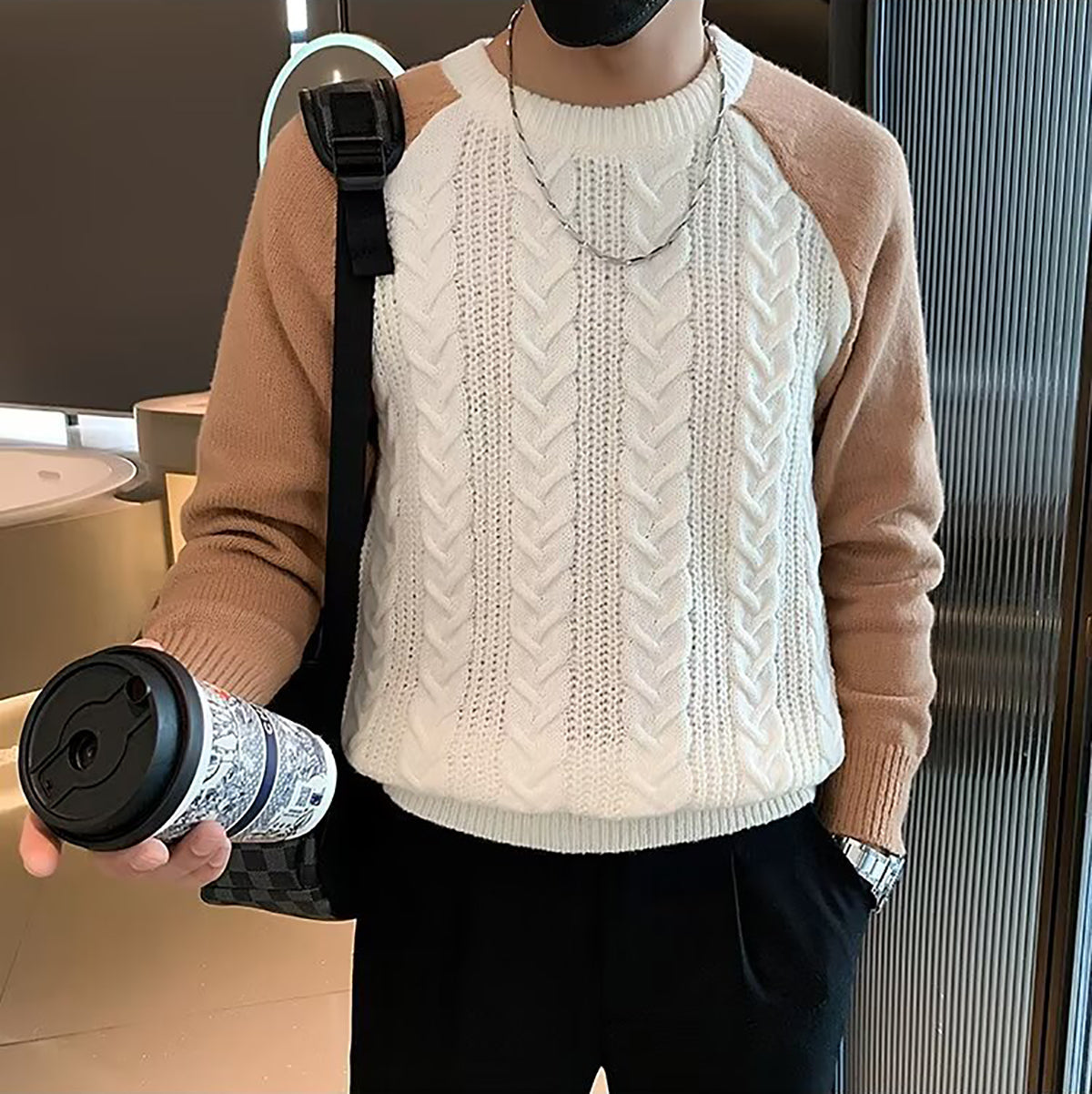 Men Cable Knit Round Neck Pullover Ribbed Sweater