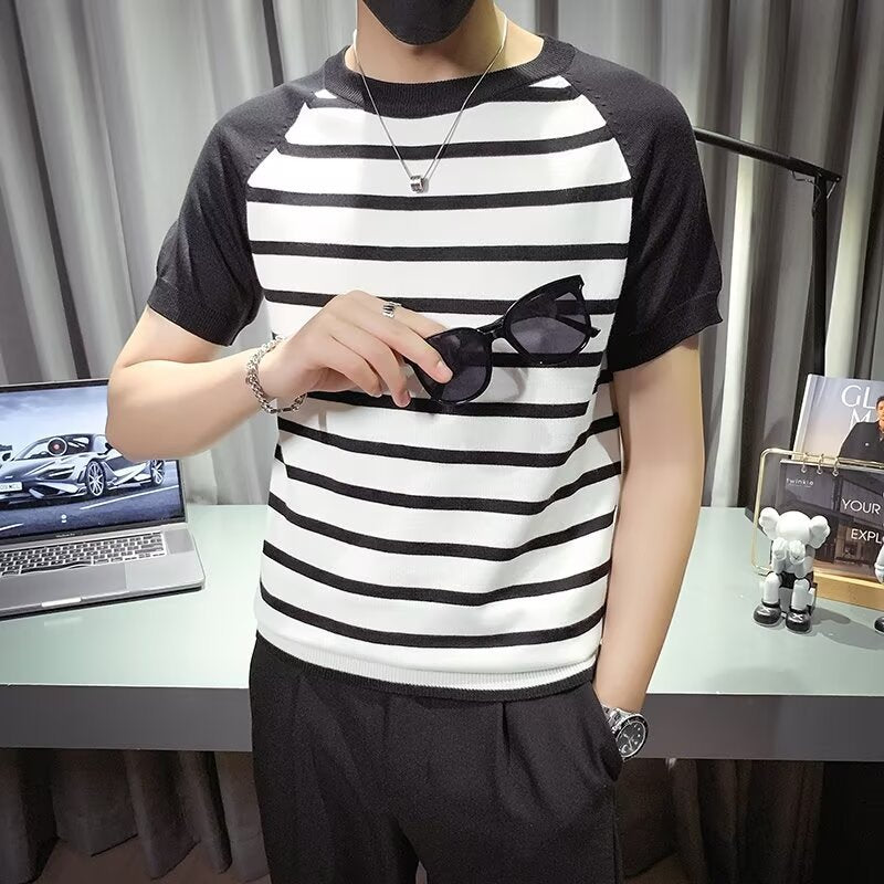 Men Striped Raw Edge T-shirt