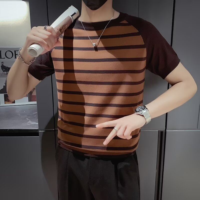 Men Striped Raw Edge T-shirt