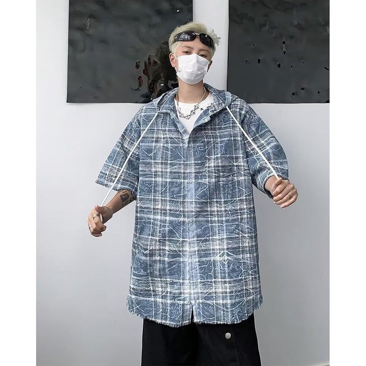 Men Oversized Fit Hood Tartan Checked Casual Shirt