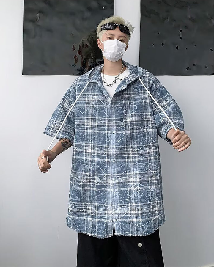 Men Oversized Fit Hood Tartan Checked Casual Shirt