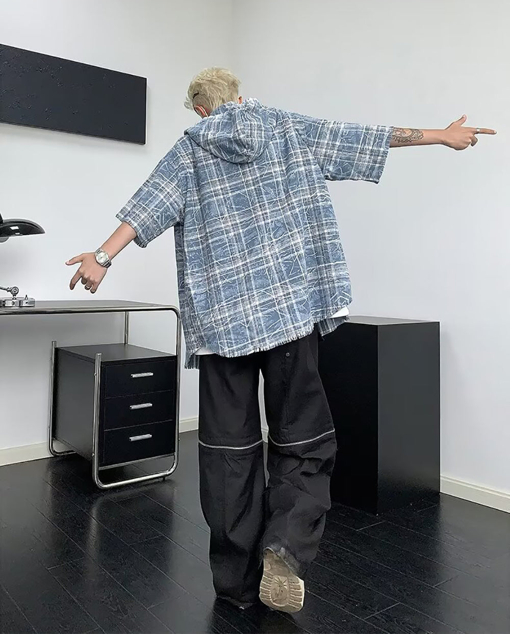 Men Oversized Fit Hood Tartan Checked Casual Shirt