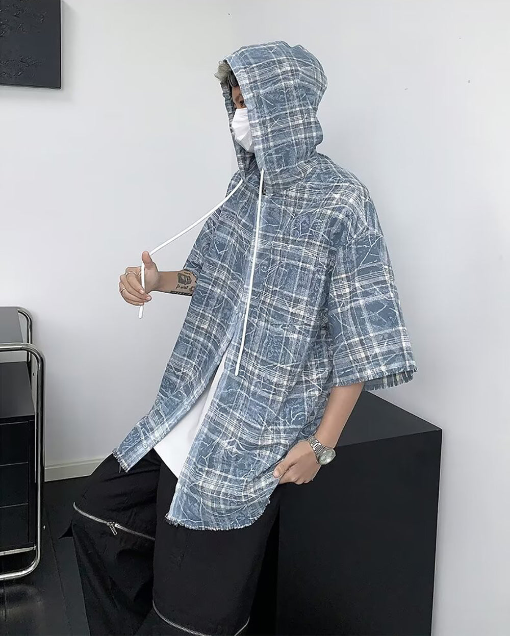 Men Oversized Fit Hood Tartan Checked Casual Shirt