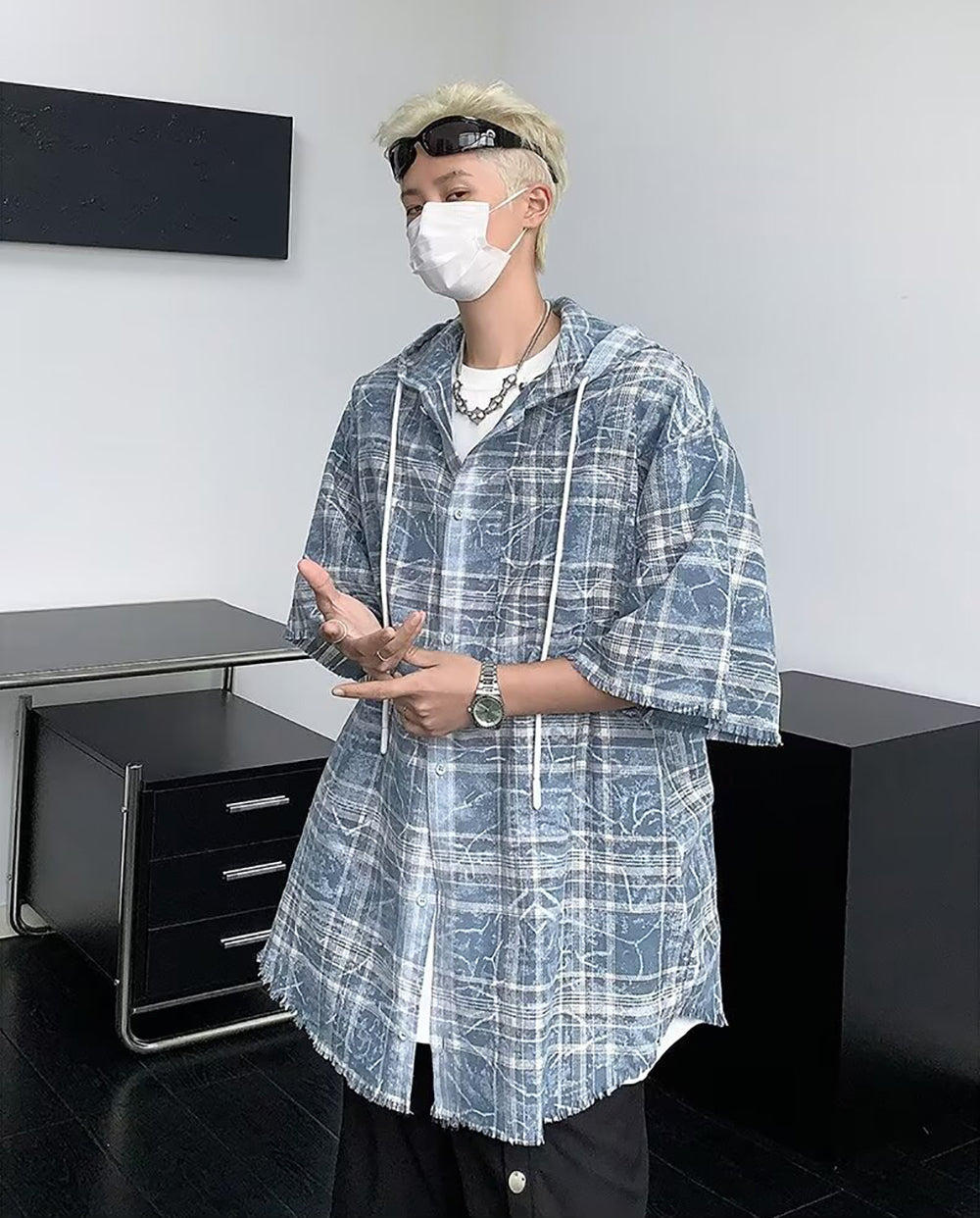 Men Oversized Fit Hood Tartan Checked Casual Shirt