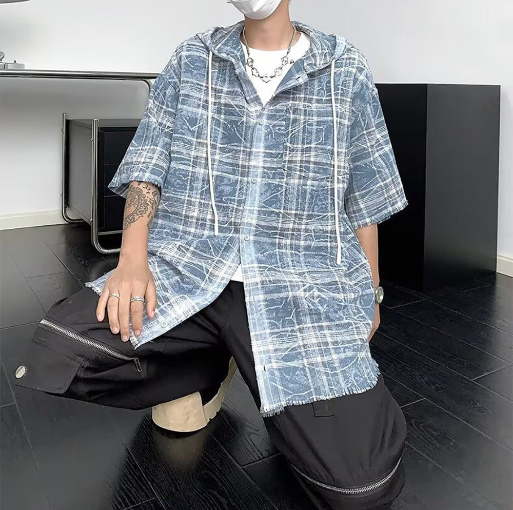 Men Oversized Fit Hood Tartan Checked Casual Shirt