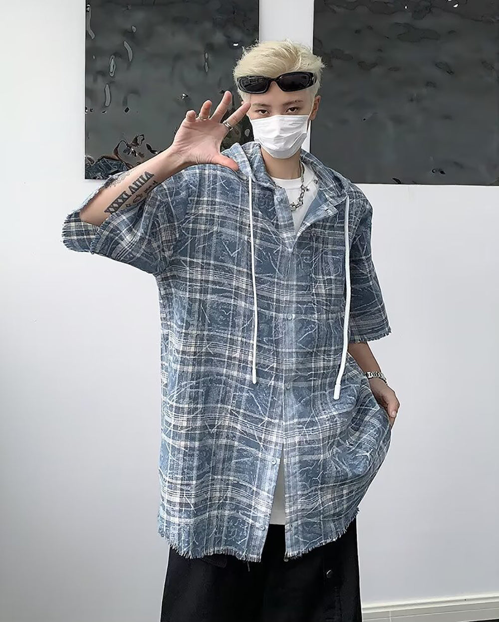 Men Oversized Fit Hood Tartan Checked Casual Shirt