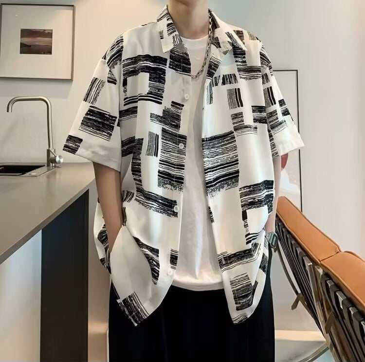 Abstract Printed Cutaway Collar Shirt