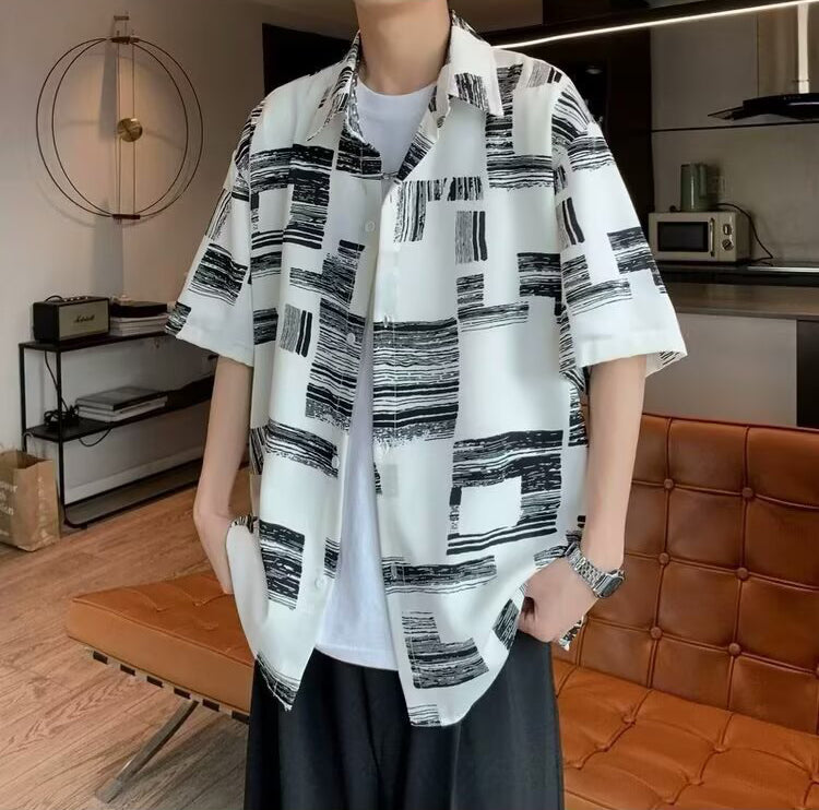 Abstract Printed Cutaway Collar Shirt