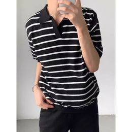 Striped Polo Collar Short Sleeves T-shirt