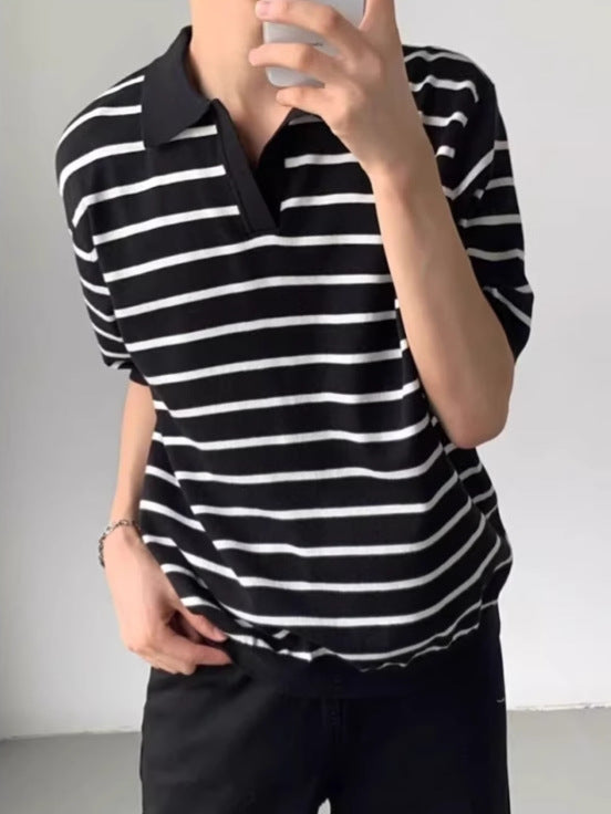 Striped Polo Collar Short Sleeves T-shirt