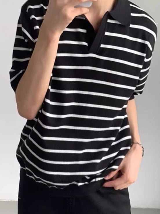 Striped Polo Collar Short Sleeves T-shirt