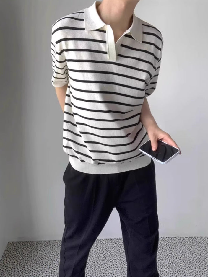 Striped Polo Collar Short Sleeves Regular Fit T-Shirt
