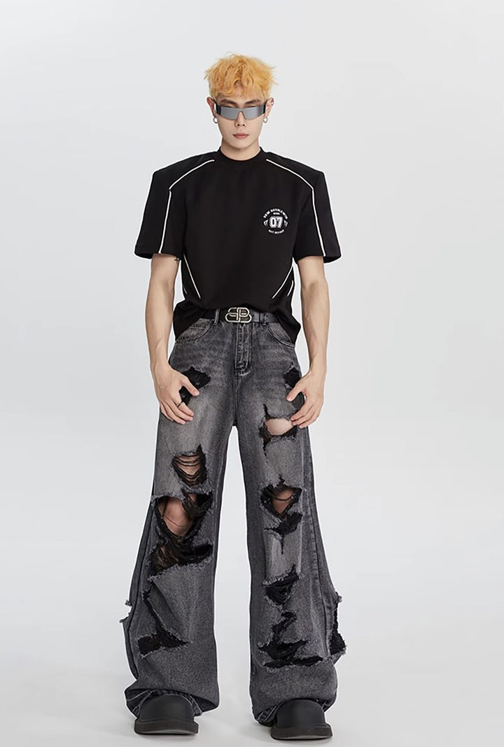 Men Wide Leg Highly Distressed Light Fade Jeans