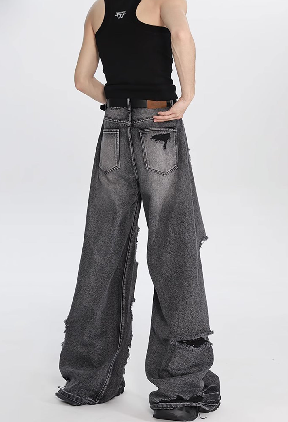 Men Wide Leg Highly Distressed Light Fade Jeans