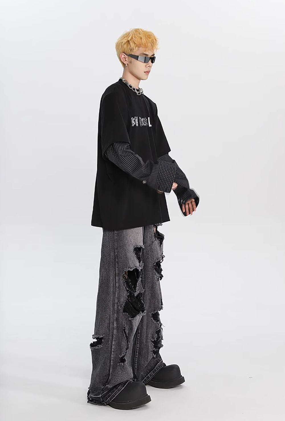 Men Wide Leg Highly Distressed Light Fade Jeans