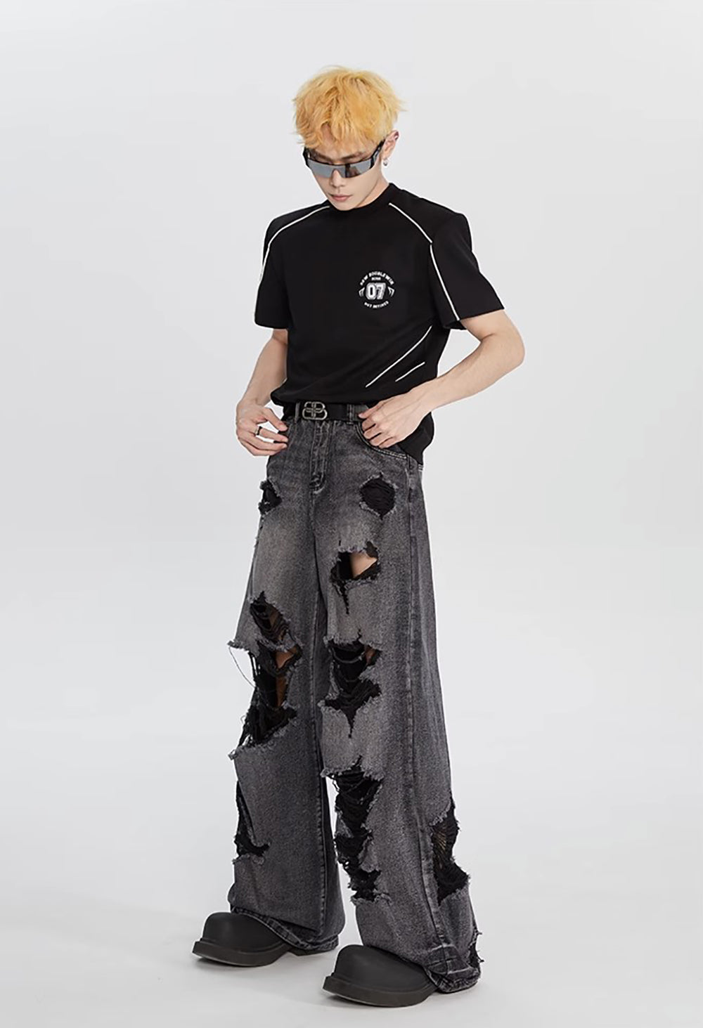 Men Wide Leg Highly Distressed Light Fade Jeans