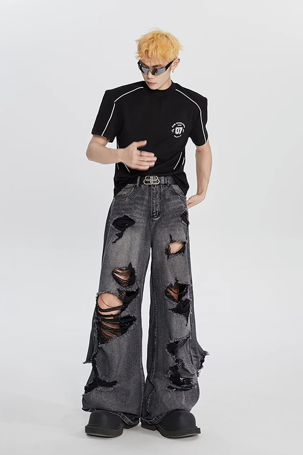 Men Wide Leg Highly Distressed Light Fade Jeans