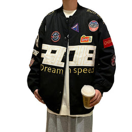 Men Stand Collar Typography Printed Casual Varsity Jacket