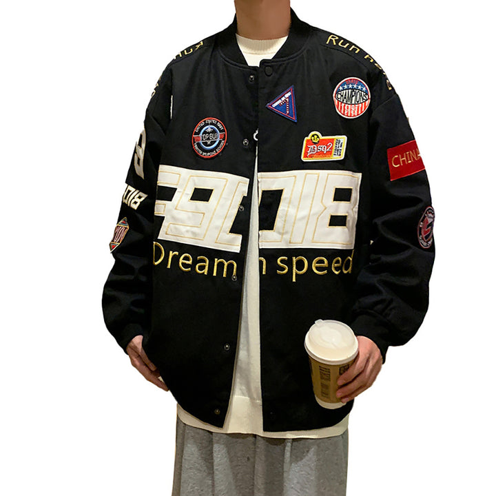 Men Stand Collar Typography Printed Casual Varsity Jacket