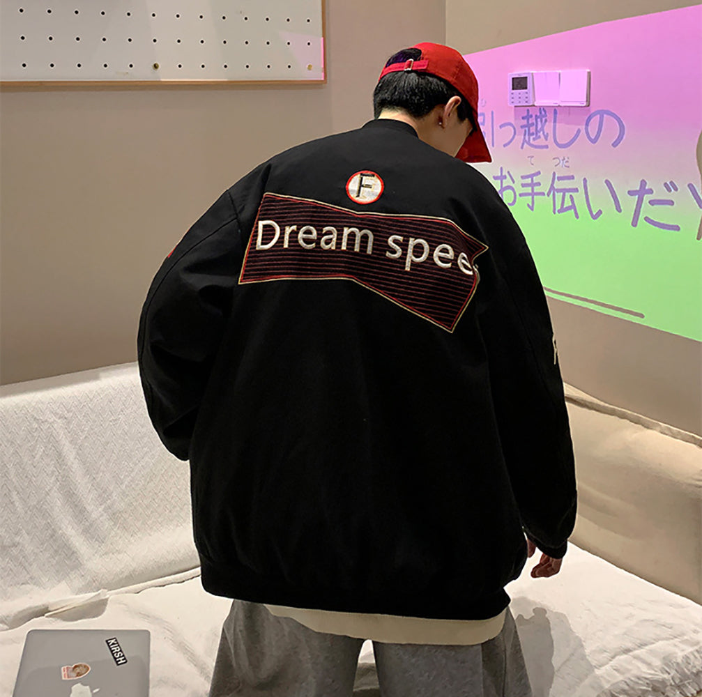 Men Stand Collar Typography Printed Casual Varsity Jacket