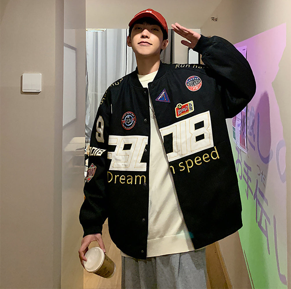 Men Stand Collar Typography Printed Casual Varsity Jacket