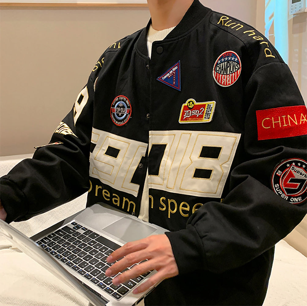 Men Stand Collar Typography Printed Casual Varsity Jacket
