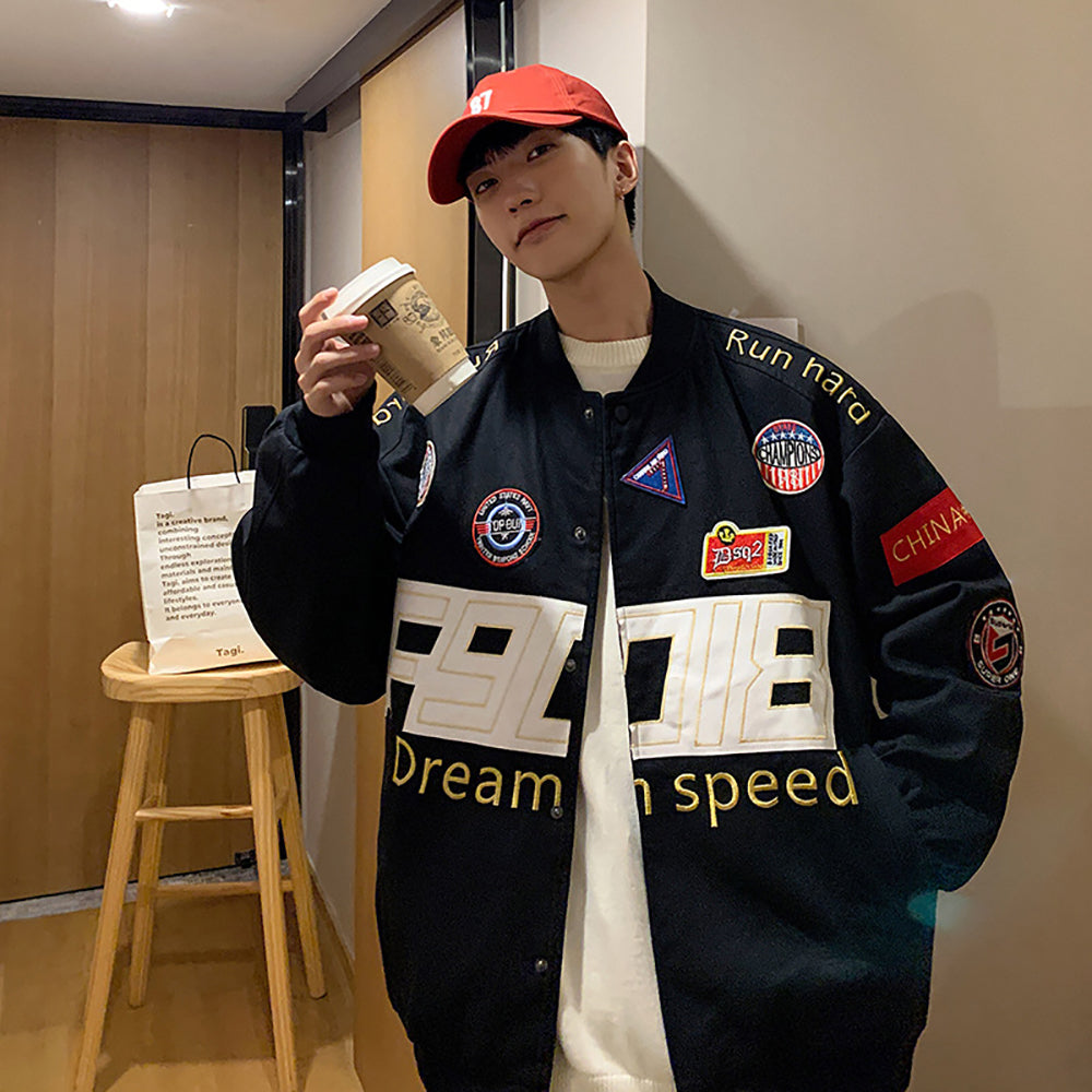Men Stand Collar Typography Printed Casual Varsity Jacket