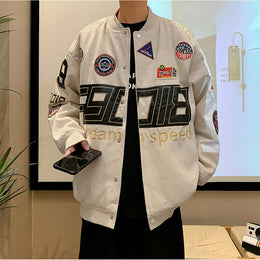 Men Stand Collar Typography Printed Casual Varsity Jacket