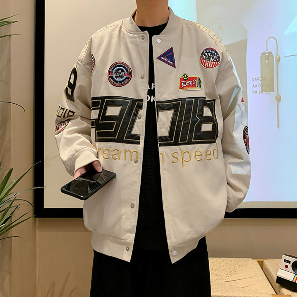 Men Stand Collar Typography Printed Casual Varsity Jacket