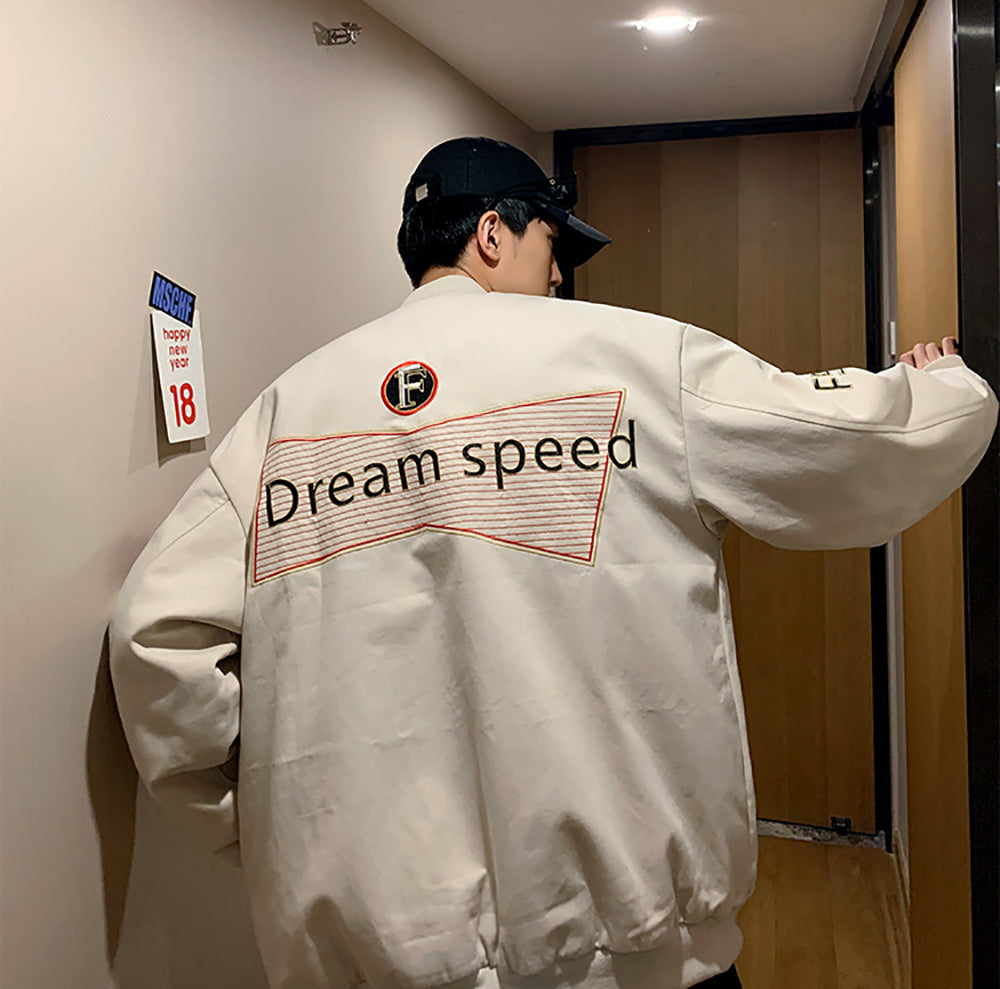 Men Stand Collar Typography Printed Casual Varsity Jacket