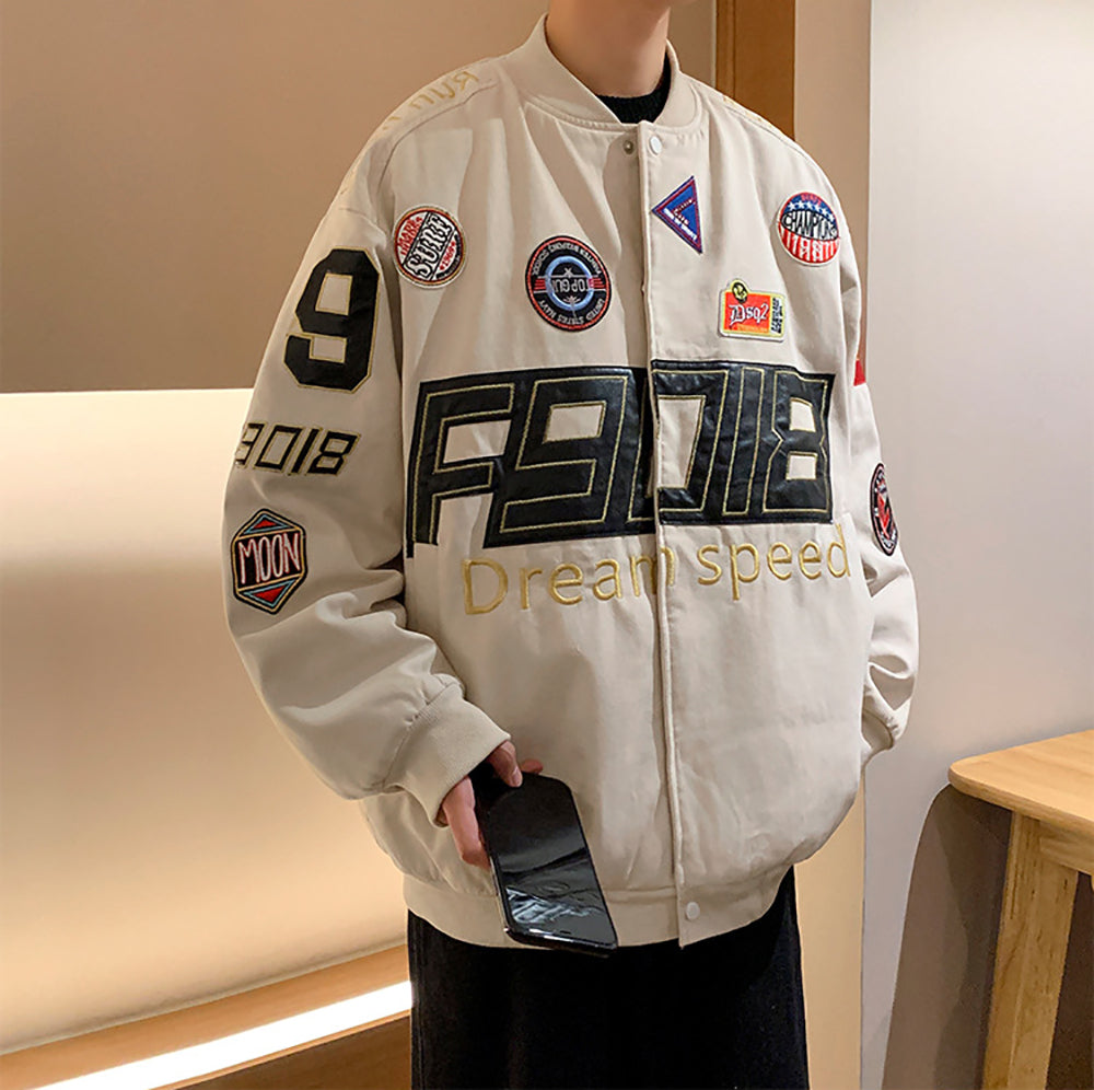 Men Stand Collar Typography Printed Casual Varsity Jacket