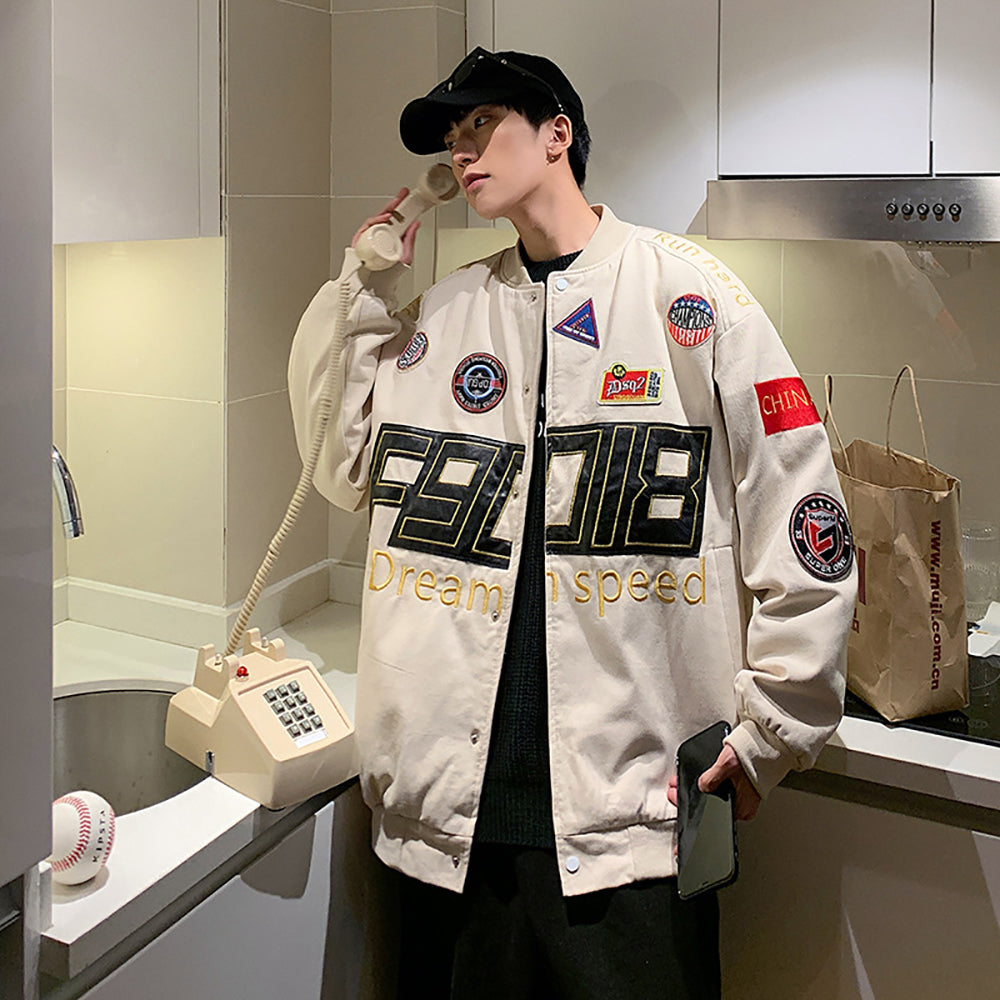 Men Stand Collar Typography Printed Casual Varsity Jacket