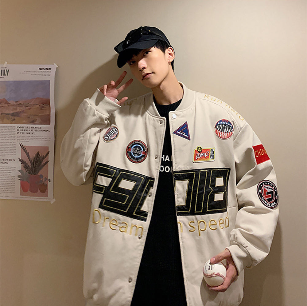 Men Stand Collar Typography Printed Casual Varsity Jacket
