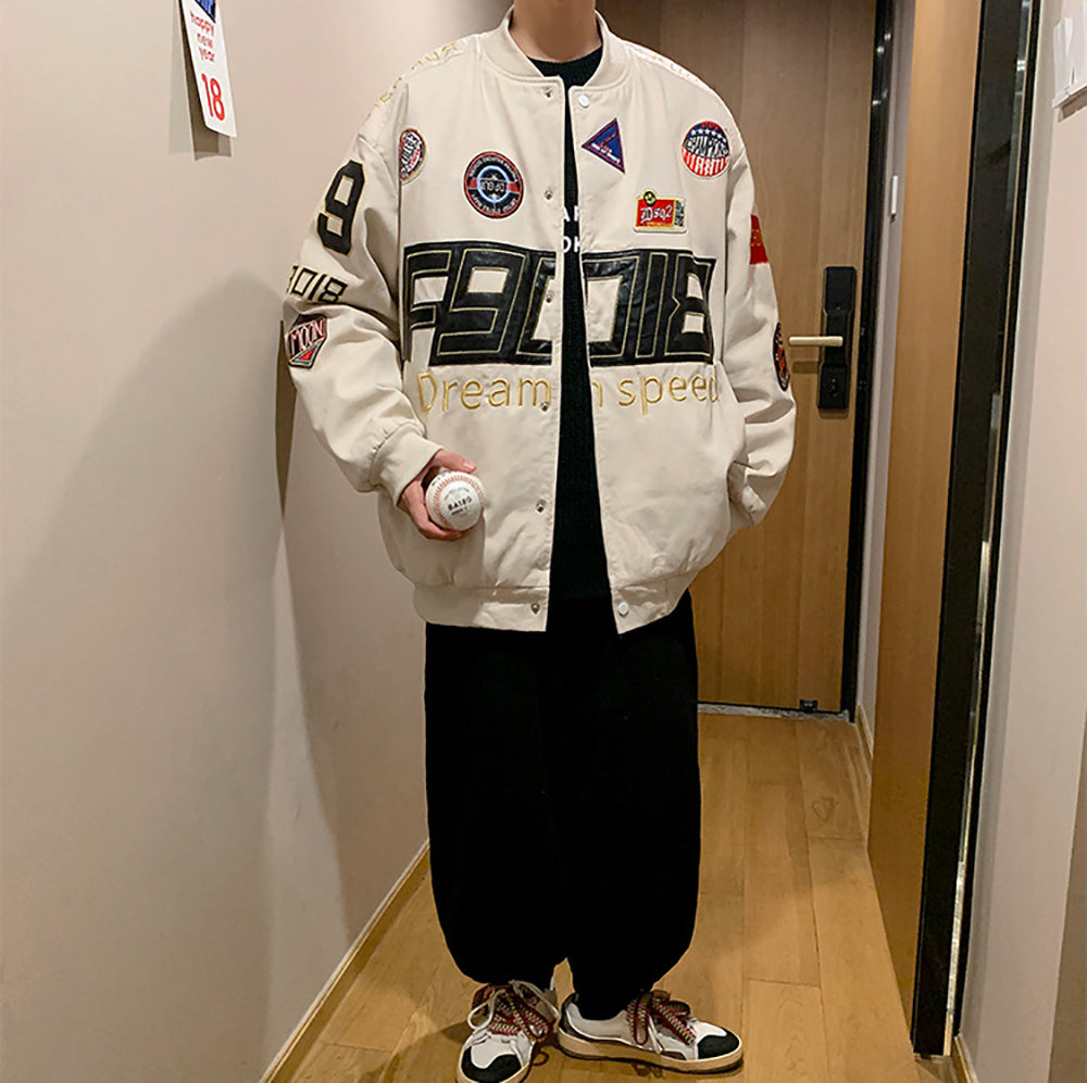 Men Stand Collar Typography Printed Casual Varsity Jacket