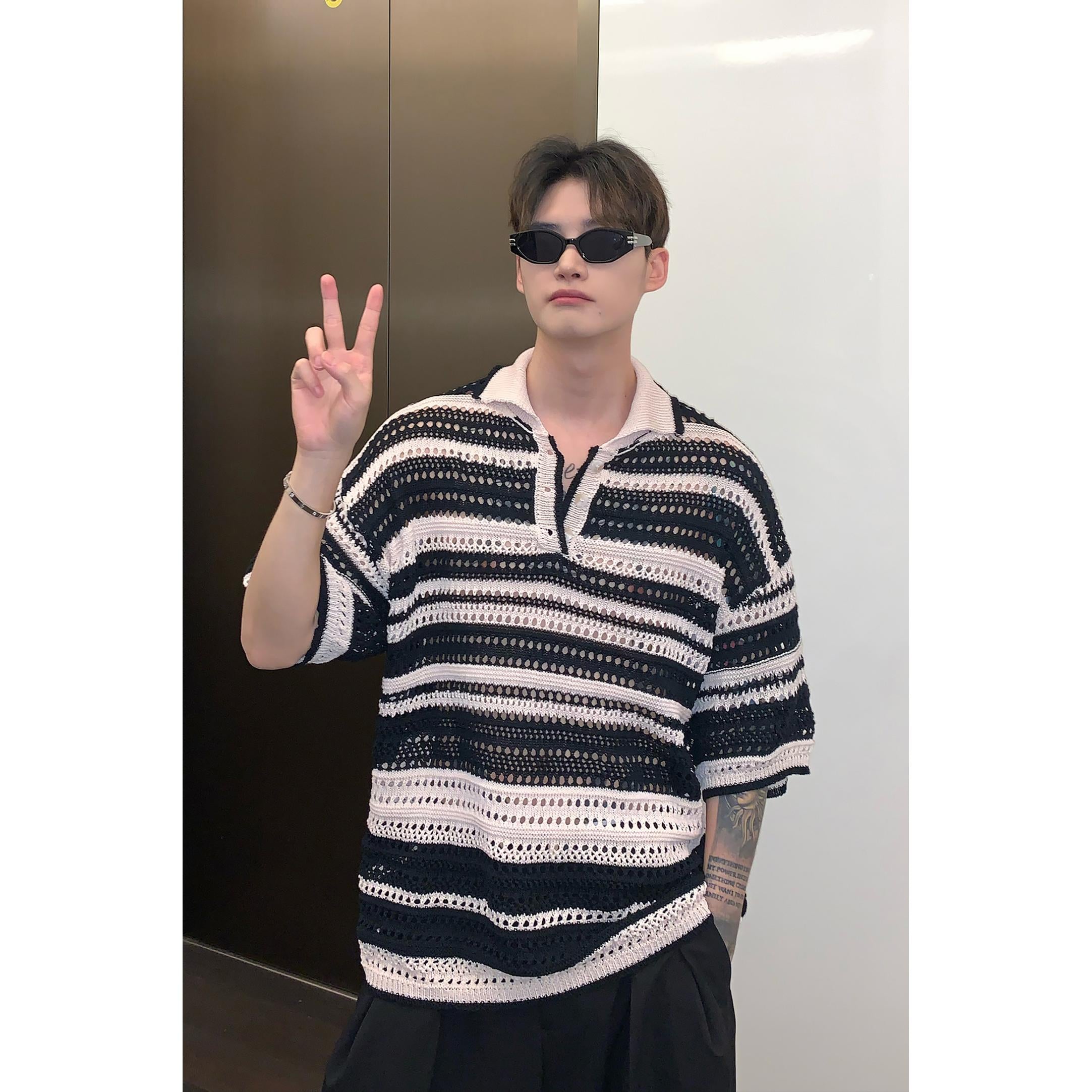 Men Striped Polo Collar Oversized T-shirt