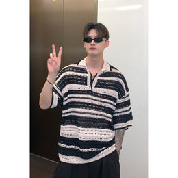 Men Striped Polo Collar Oversized T-shirt