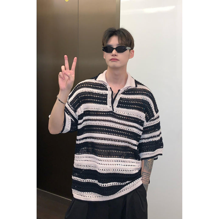 Men Striped Polo Collar Oversized T-shirt