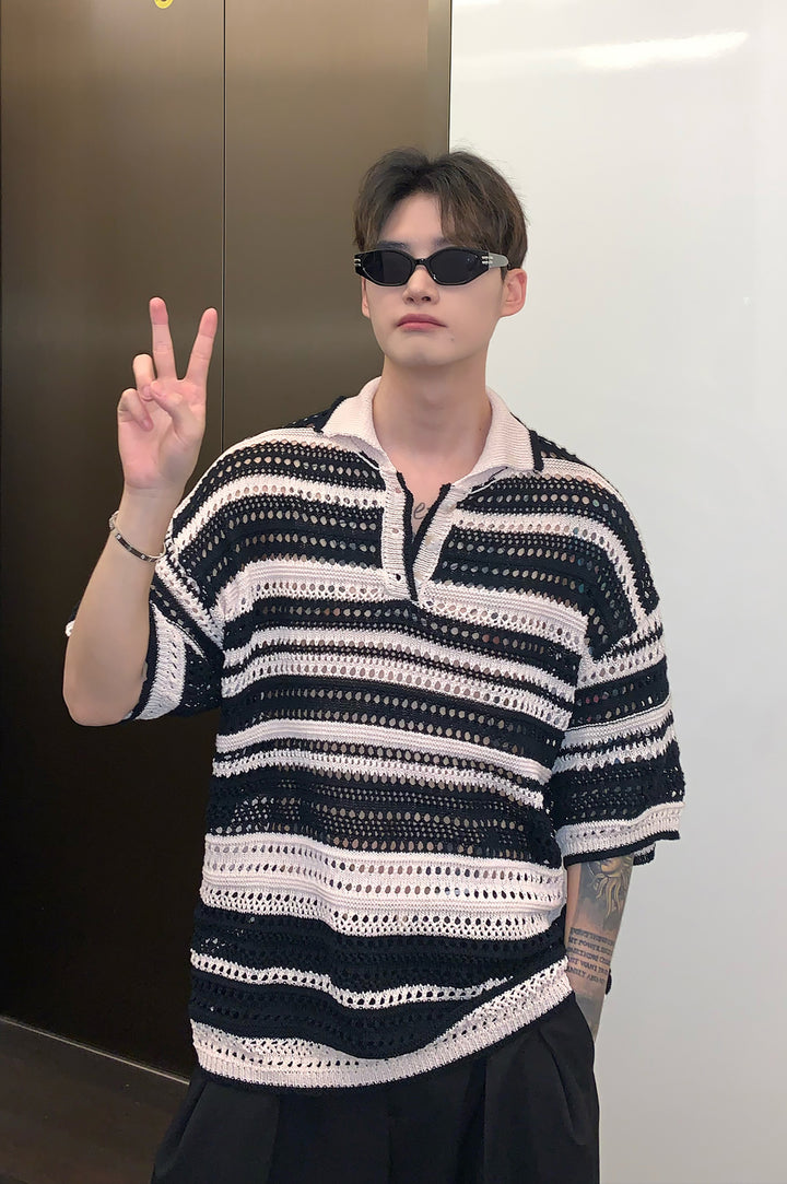 Men Striped Polo Collar Oversized T-shirt