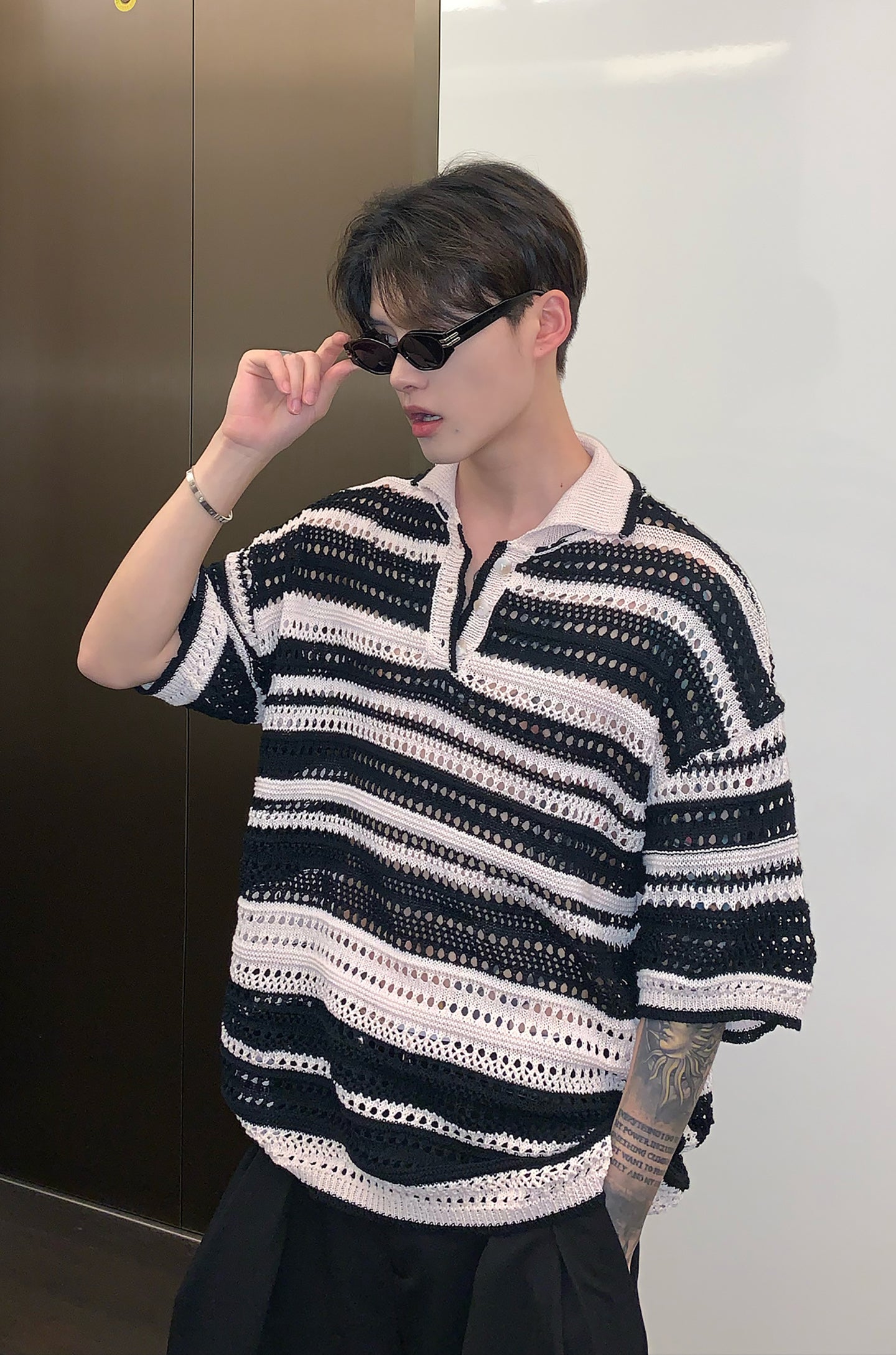 Men Striped Polo Collar Oversized T-shirt