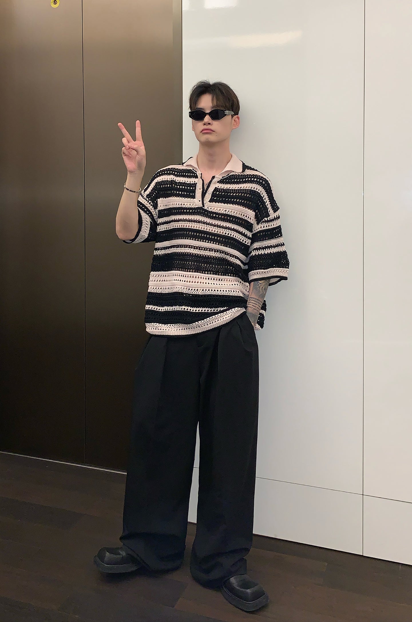 Men Striped Polo Collar Oversized T-shirt