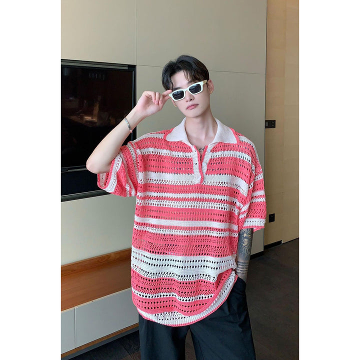 Men Striped Polo Collar Oversized T-shirt