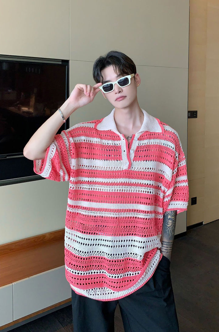 Men Striped Polo Collar Oversized T-shirt