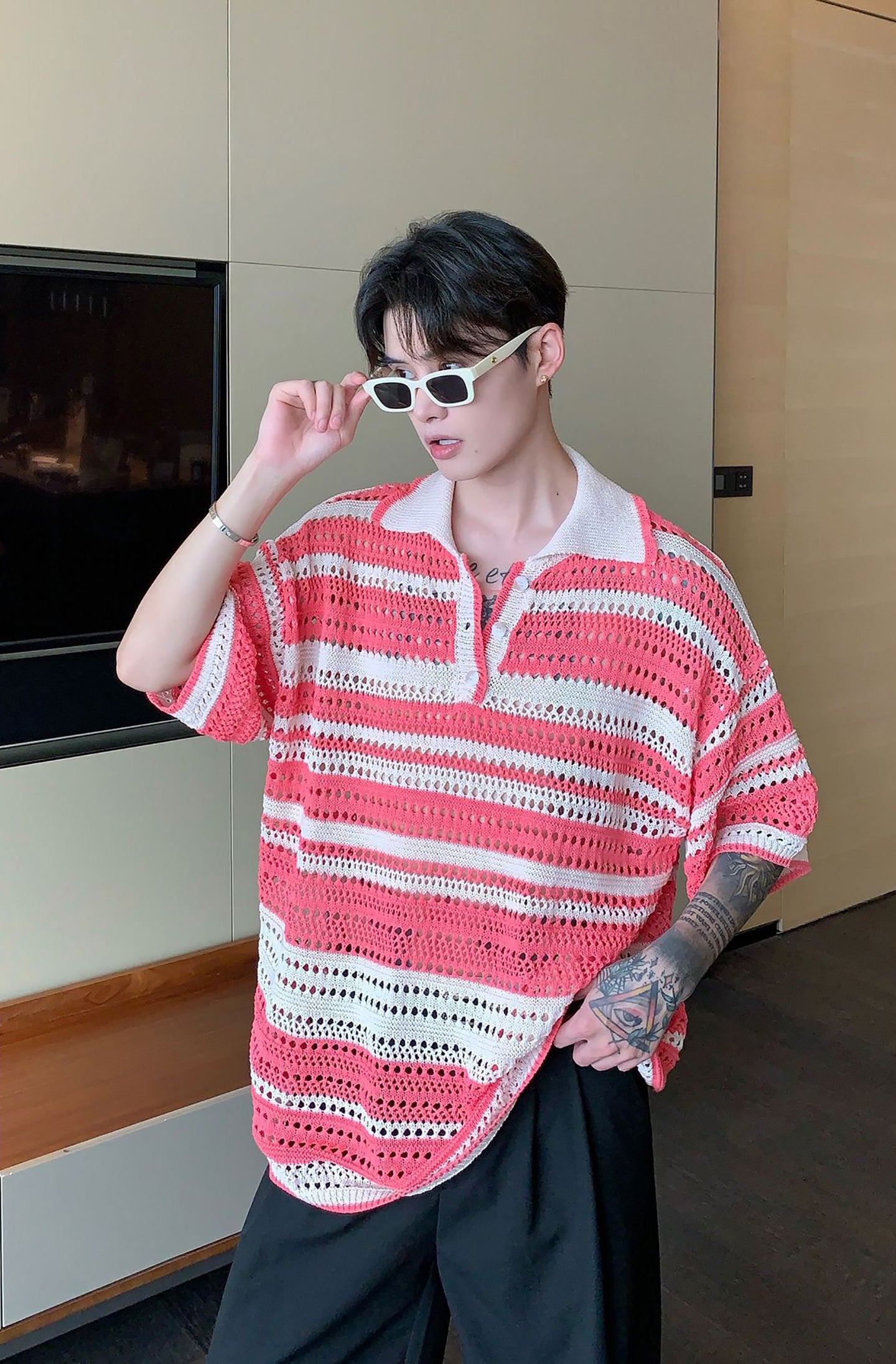 Men Striped Polo Collar Oversized T-shirt
