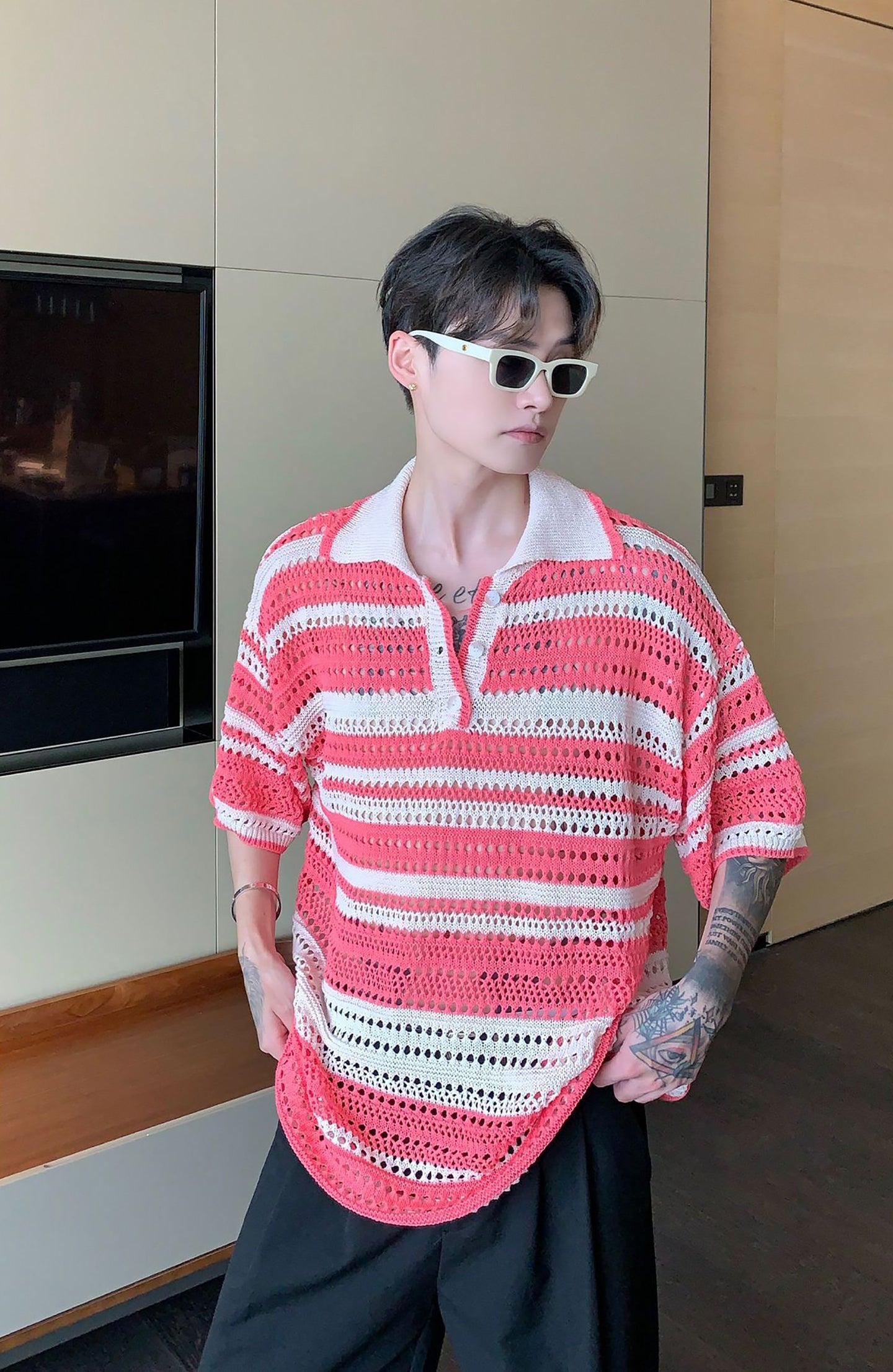 Men Striped Polo Collar Oversized T-shirt